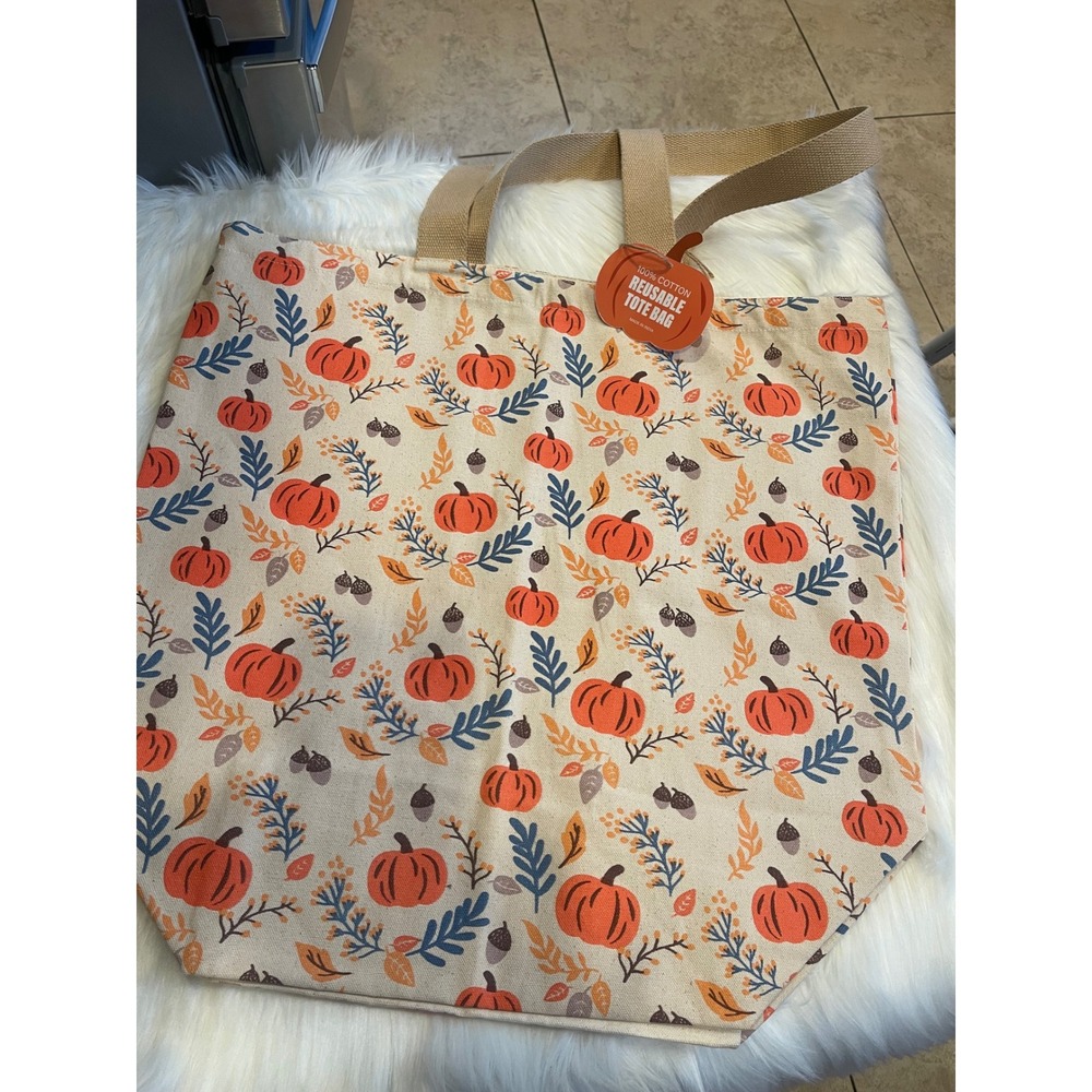 Beige Harvest Orange Pumpkin Acorns Fall Canvas Tote Bag